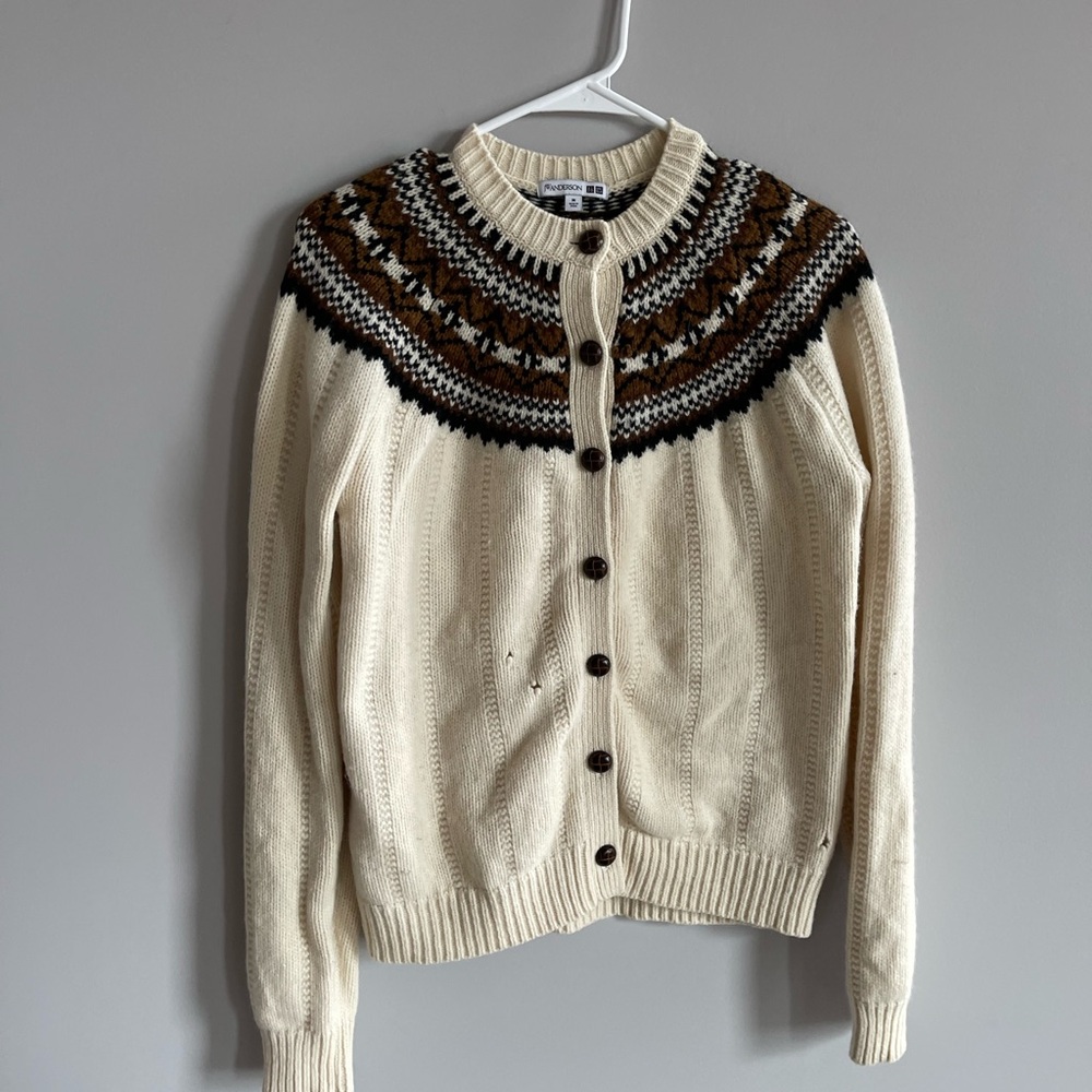 JW Anderson Uniqlo 100% Wool Fair Isle Cream and Brown Cardigan with Buttons
